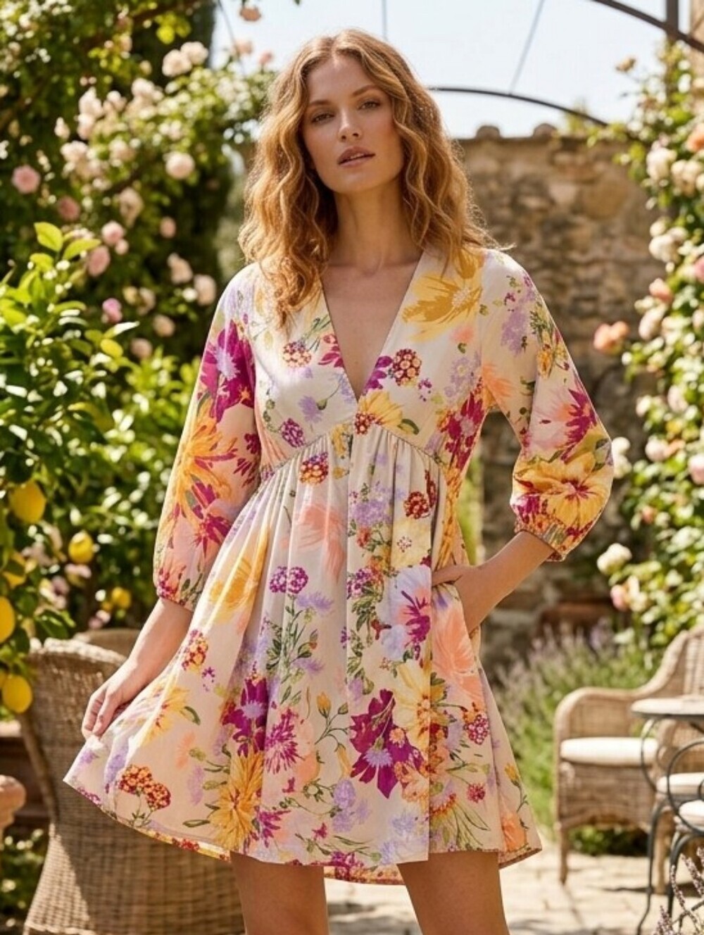 H&M Women's Purple Floral Balloon Sleeve V-Neck Babydoll Mini Dress Size Small